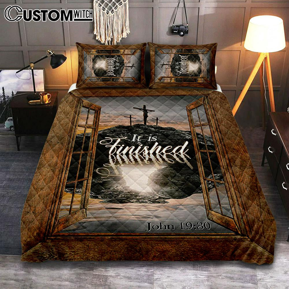 Black Rock Mountain Wooden Cross It Is Finished Quilt Bedding Set Bedroom - Bible Verse Quilt Bedding Set Art - Christian Home Decor