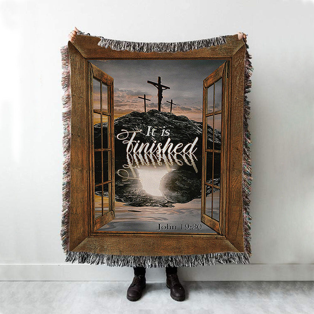 Black Rock Mountain Wooden Cross It Is Finished Woven Throw Blanket - Bible Verse Woven Blanket Art - Inspirational Art - Christian Home Decor