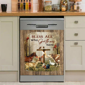 Bless All Who Gather Here Animals Wooden Cross Forest View Red Cardinal Dishwasher Cover, Christian Dishwasher Magnet Cover