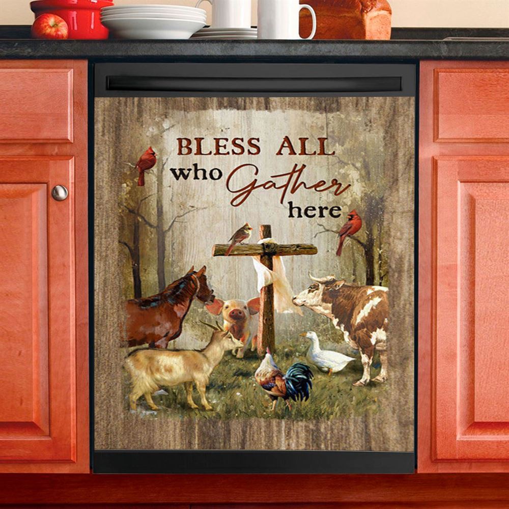 Bless All Who Gather Here Animals Wooden Cross Forest View Red Cardinal Dishwasher Cover, Christian Dishwasher Magnet Cover