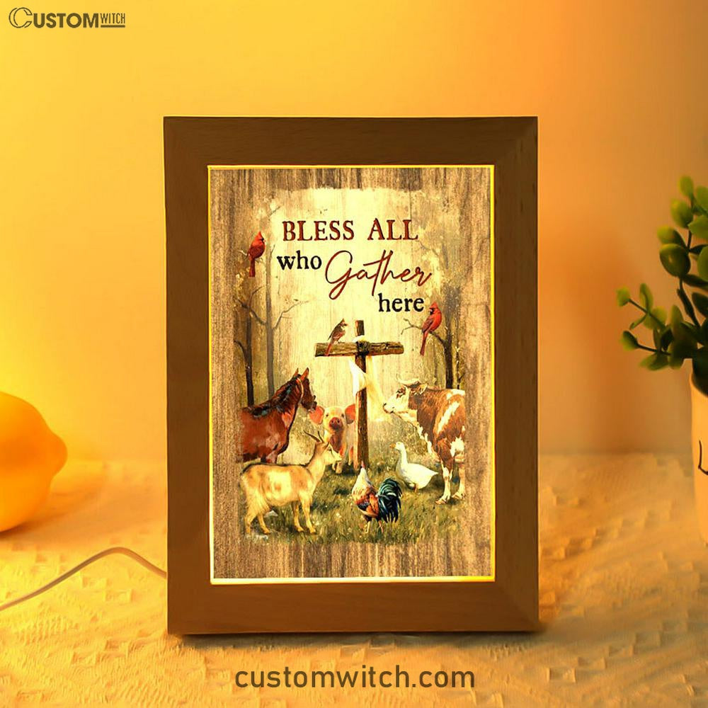 Bless All Who Gather Here Animals Wooden Cross Forest View Red Cardinal Frame Lamp Art - Christian Night Light