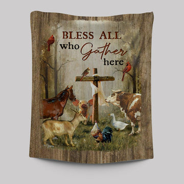 Bless All Who Gather Here Animals Wooden Cross Forest View Red Cardinal Tapestry Wall Art - Christian Tapestries Prints