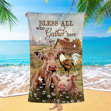Bless All Who Gather Here Beach Towel - Animal Daisy Field Rooster Beach Towel - Christian Beach Towel - Bible Verse Beach Towel