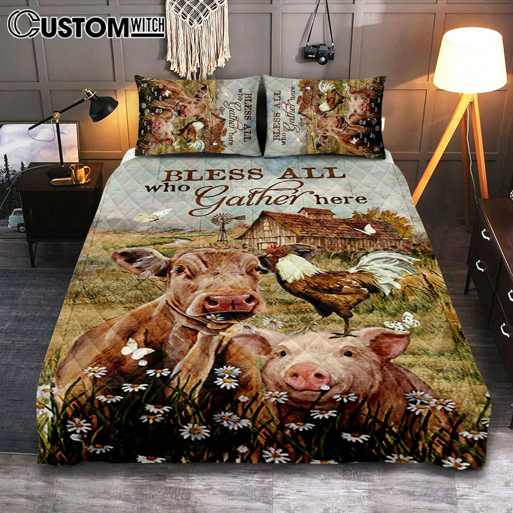 Bless All Who Gather Here Quilt Bedding Set - Animal Daisy Field Rooster Quilt Bedding Set Bedroom - Christian Quilt Bedding Set Prints - Bible Verse Quilt Bedding Set Art