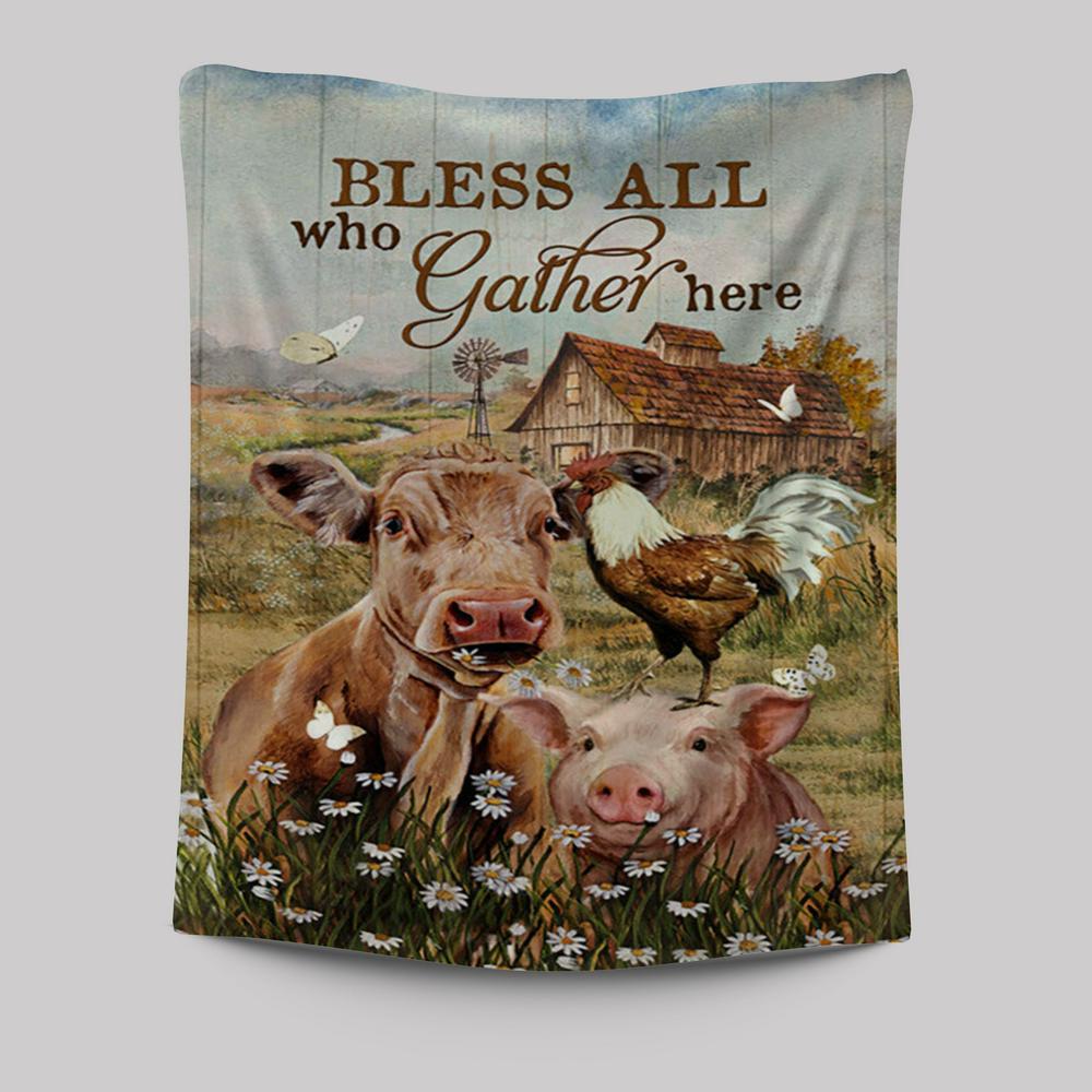 Bless All Who Gather Here Tapestry - Animal Daisy Field Rooster Tapestry Wall Art - Christian Tapestries Prints - Bible Verse Tapestry Art