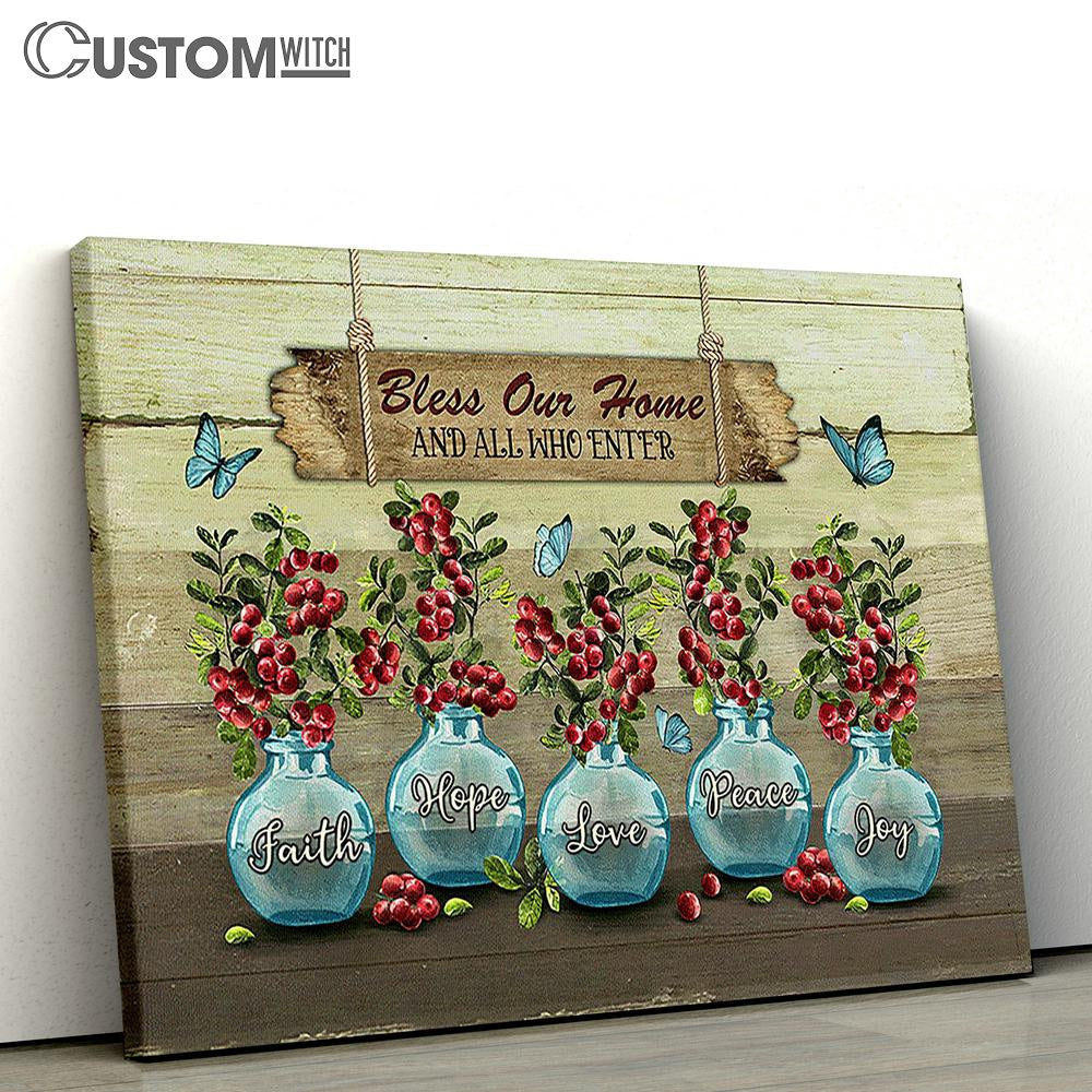 Bless Our Home Blue Vase Blue Butterfly Cranberry Canvas Wall Art - Bible Verse Canvas - Religious Prints