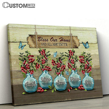 Bless Our Home Blue Vase Blue Butterfly Cranberry Canvas Wall Art - Bible Verse Canvas - Religious Prints