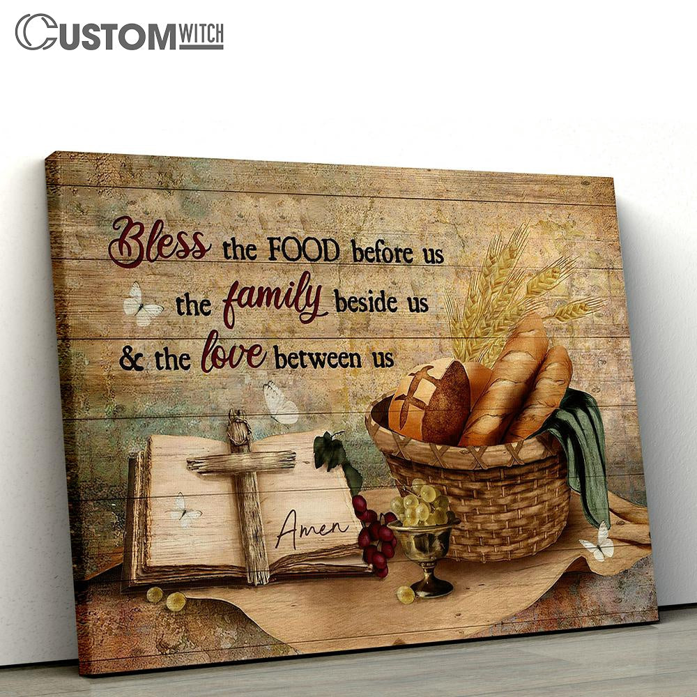 Bless The Food Baguette Grapes Religious Text Book Canvas Wall Art - Bible Verse Canvas - Religious Prints
