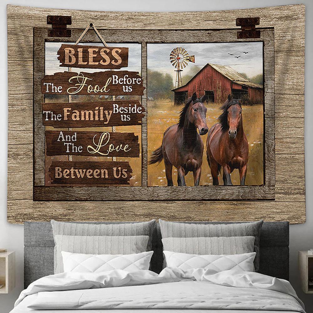Bless The Food Before Us Horses Meadow Land Windmill Wall Art Tapestry - Christian Wall Decor - Gifts For Horse Lovers
