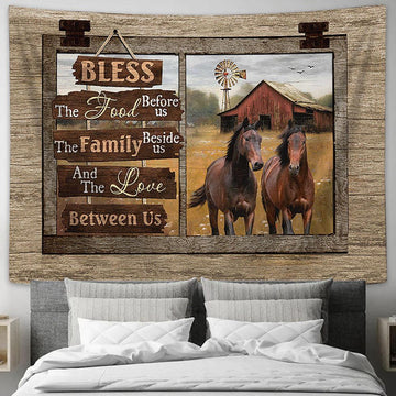 Bless The Food Before Us Horses Meadow Land Windmill Wall Art Tapestry - Christian Wall Decor - Gifts For Horse Lovers