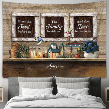 Bless The Food Before Us Kitchen Hummingbird Tapestry Prints - Religious Tapestry Art - Christian Home Decor