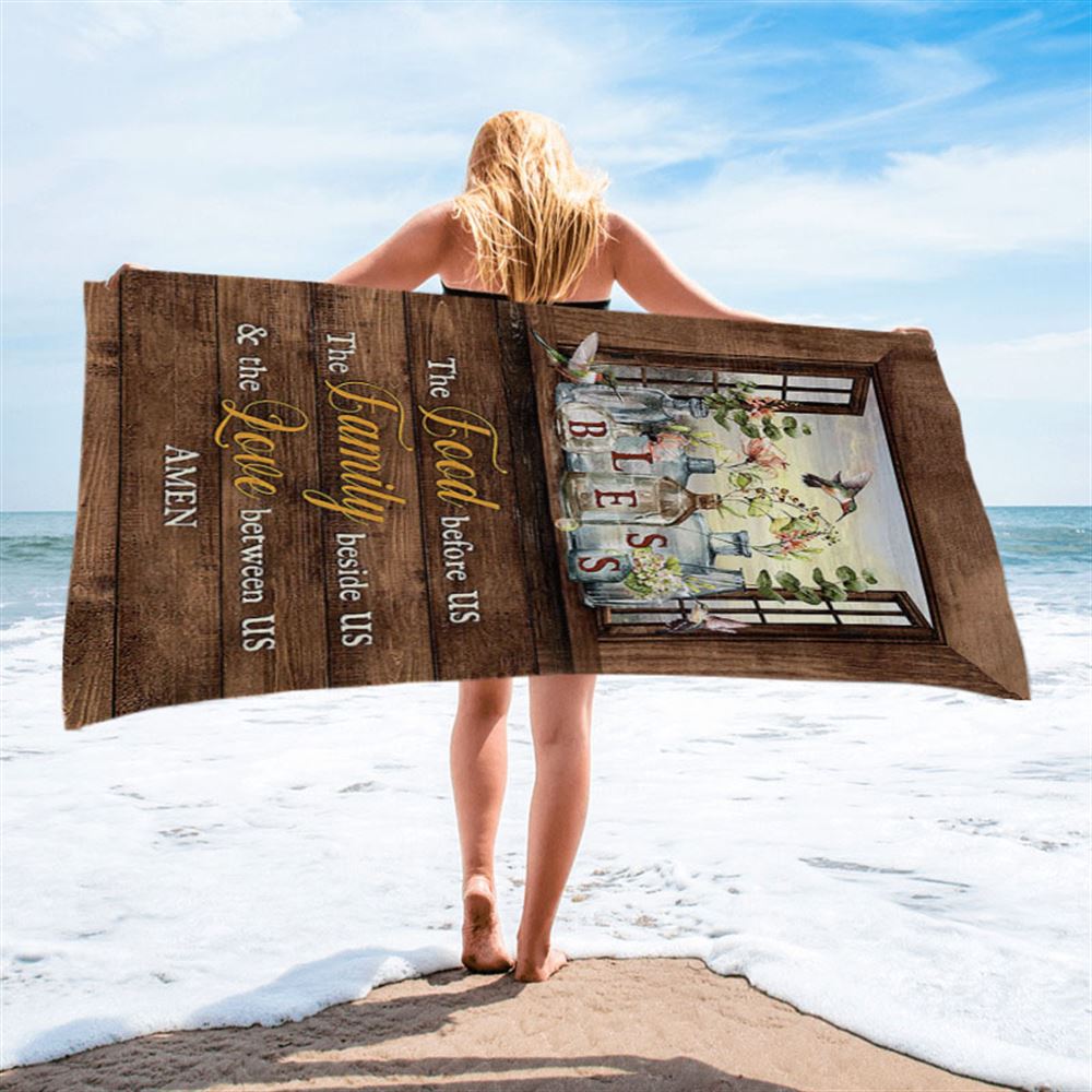 Bless The Love Between Us Hummingbird Gorgeous Jar Window Frame Beach Towel - Christian Beach Towel - Religious Beach Towel