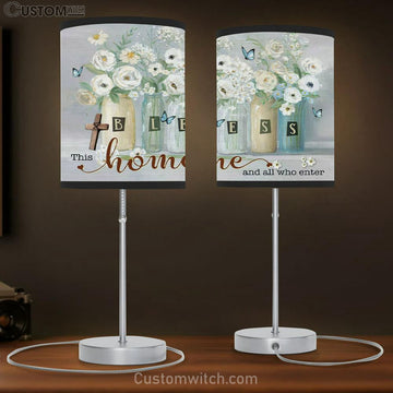 Bless This Home And All Who Enter Table Lamp Gift - Butterfly Flower - Christian Bedroom Decor
