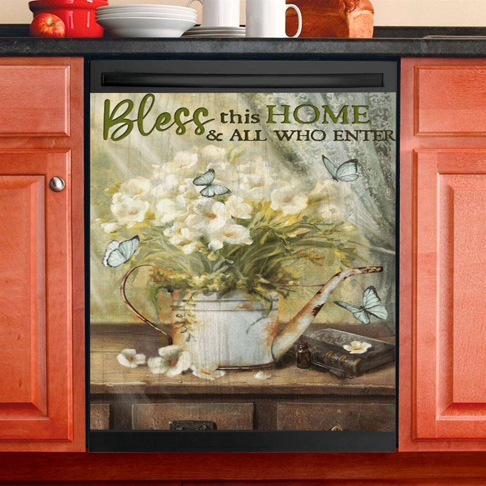Bless This Home And All Who Enter Flower Butterfly Dishwasher Cover, Christian Dishwasher Magnet Cover, Religious Kitchen Decor