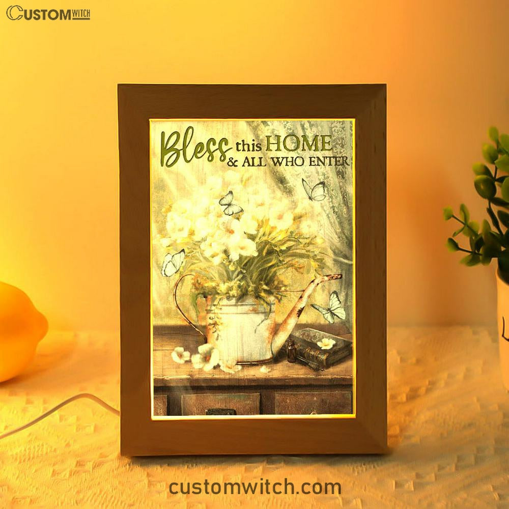 Bless This Home And All Who Enter Flower Butterfly Frame Lamp Art - Christian Art Decor - Religious Gifts Night Light