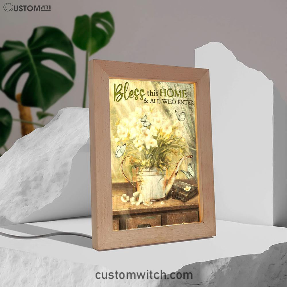 Bless This Home And All Who Enter Flower Butterfly Frame Lamp Art - Christian Art Decor - Religious Gifts Night Light