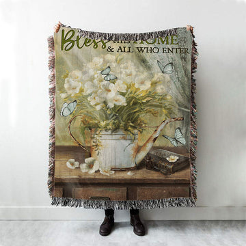 Bless This Home And All Who Enter Flower Butterfly Woven Throw Blanket - Christian Throw Blanket Decor - Religious Woven Blanket Prints