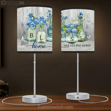 Bless This Home And All Who Enter Hydrangea Lamp Gift Table Lamp - Christian Lamp Gift - Religious Art