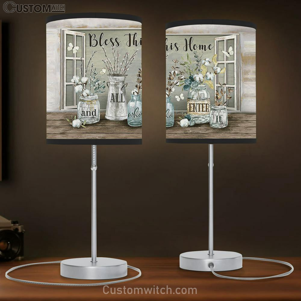 Bless This Home Cotton Flower White Butterfly Large Table Lamp - Christian Lamp Gift - Bible Verse Table Lamp Art