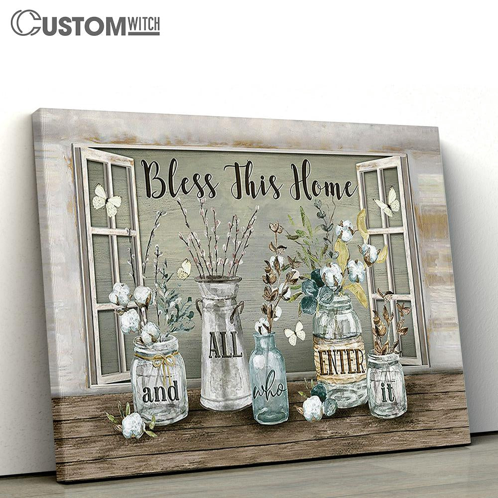 Bless This Home Cotton Flower White Butterfly Large Canvas - Christian Wall Art - Bible Verse Canvas Art