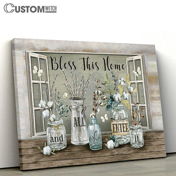 Bless This Home Cotton Flower White Butterfly Large Canvas - Christian Wall Art - Bible Verse Canvas Art