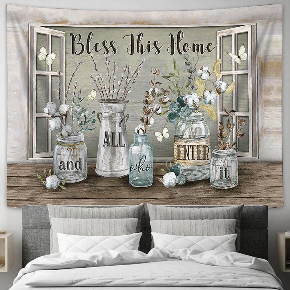 Bless This Home Cotton Flower White Butterfly Large Tapestry - Christian Wall Art - Bible Verse Tapestry Art