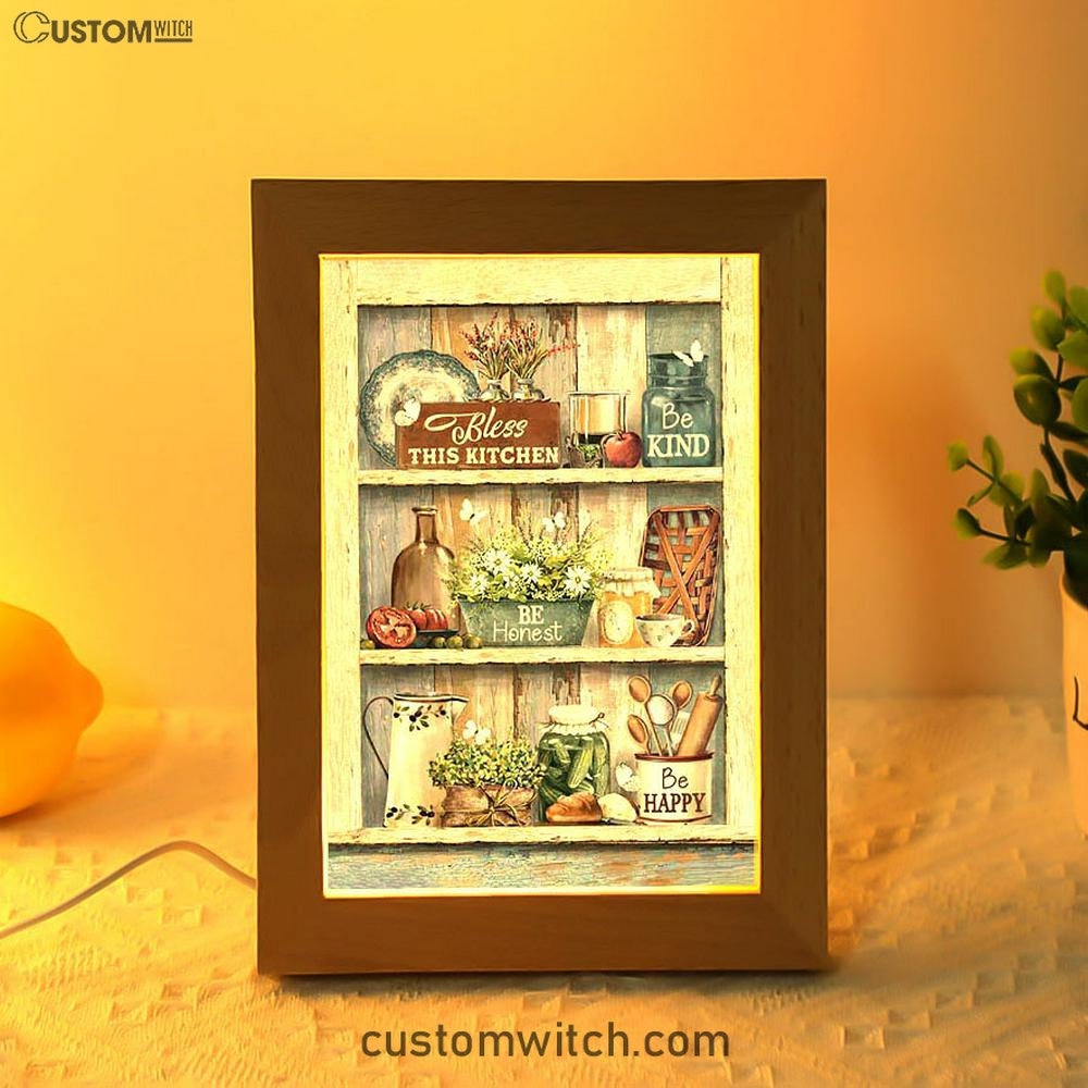 Bless This Kitchen Be Happy Frame Lamp Art - Bible Verse Art - Christian Inspirational Decor
