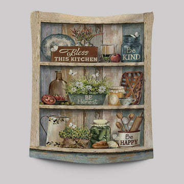 Bless This Kitchen Be Happy Tapestry Art - Bible Verse Wall Art - Christian Inspirational Wall Decor