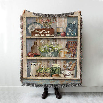 Bless This Kitchen Be Happy Woven Blanket Art - Bible Verse Throw Blanket - Christian Inspirational Boho Blanket