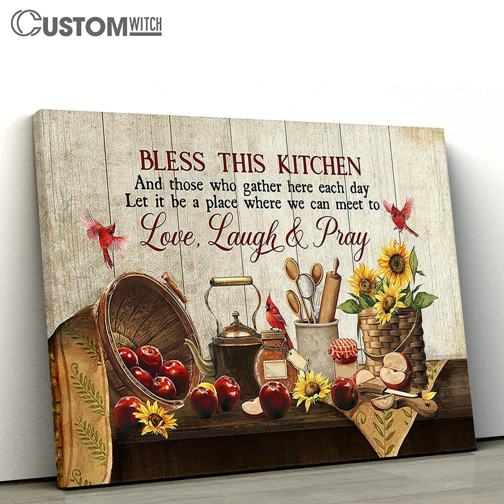 Bless This Kitchen Kitchen Apple Sunflower Red Cardinal Large Canvas - Christian Wall Art - Bible Verse Canvas Art