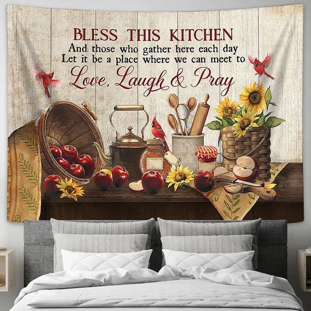 Bless This Kitchen Kitchen Apple Sunflower Red Cardinal Large Tapestry - Christian Wall Art - Bible Verse Tapestry Art