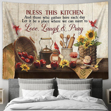 Bless This Kitchen Kitchen Apple Sunflower Red Cardinal Large Tapestry - Christian Wall Art - Bible Verse Tapestry Art