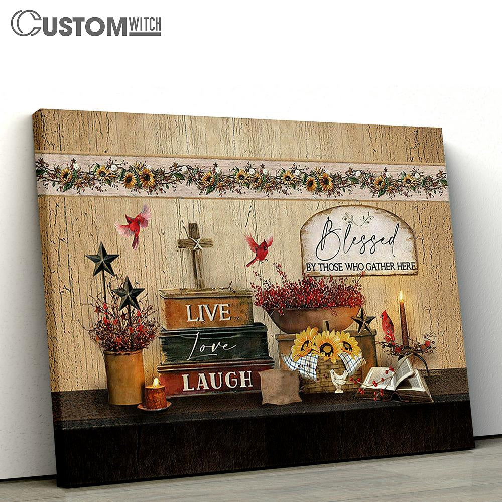 Blessed By Those Who Gather Here Books Cardinal Baby Flower Canvas Wall Art - Bible Verse Canvas - Religious Prints