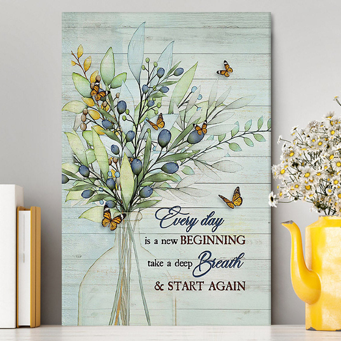 Blue Cranberry Butterfly Every Day Is A New Beginning Canvas Wall Art - Bible Verse Canvas Art - Inspirational Art - Christian Home Decor
