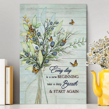 Blue Cranberry Butterfly Every Day Is A New Beginning Canvas Wall Art - Bible Verse Canvas Art - Inspirational Art - Christian Home Decor