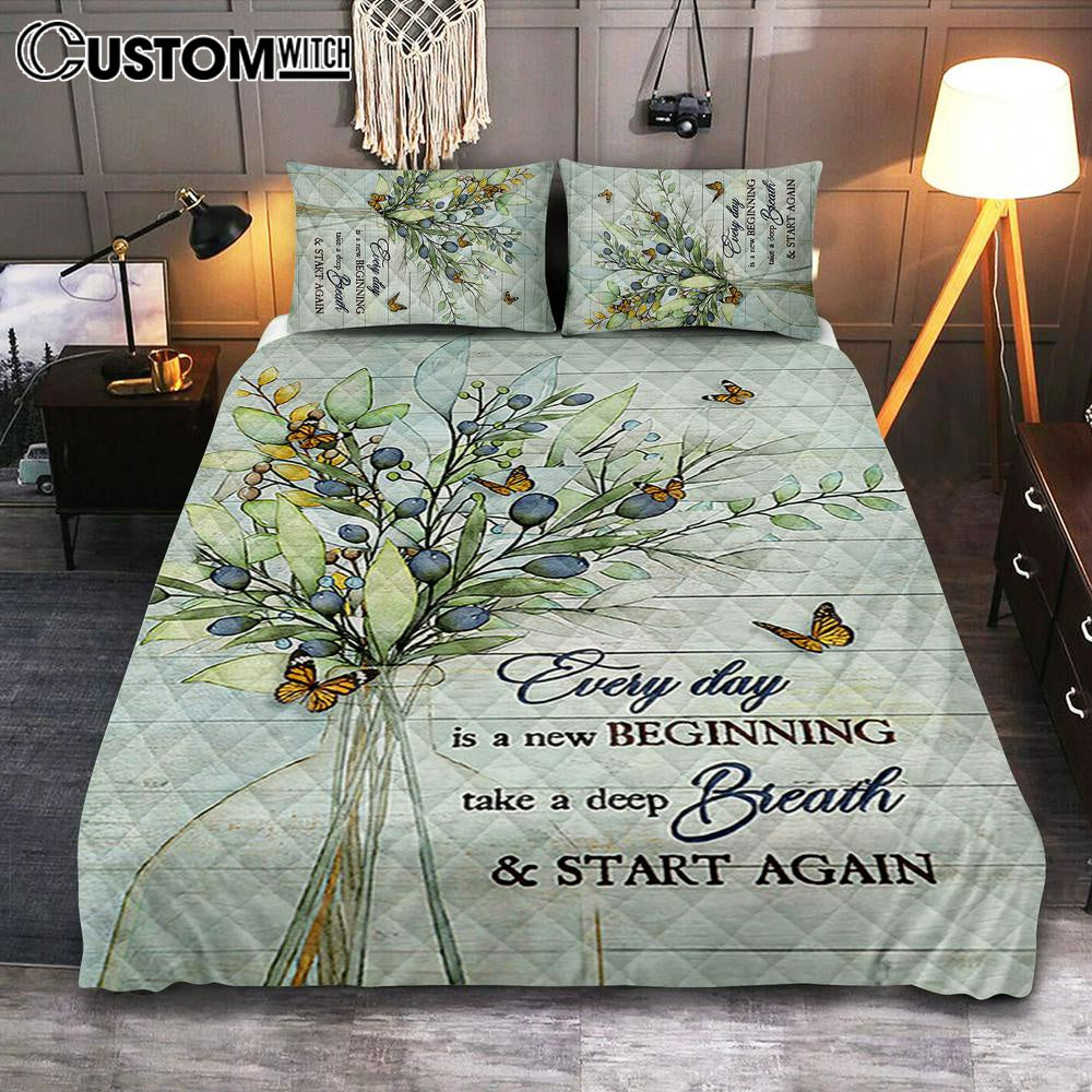 Blue Cranberry Butterfly Every Day Is A New Beginning Quilt Bedding Set Bedroom - Bible Verse Quilt Bedding Set Art - Christian Home Decor