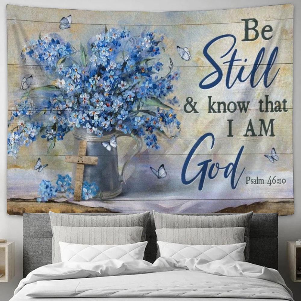 Blue Flower, Beautiful Butterfly, Cross Symbol, Be Still And Know That I Am God Tapestry, Tapestries for Living Room Bedroom
