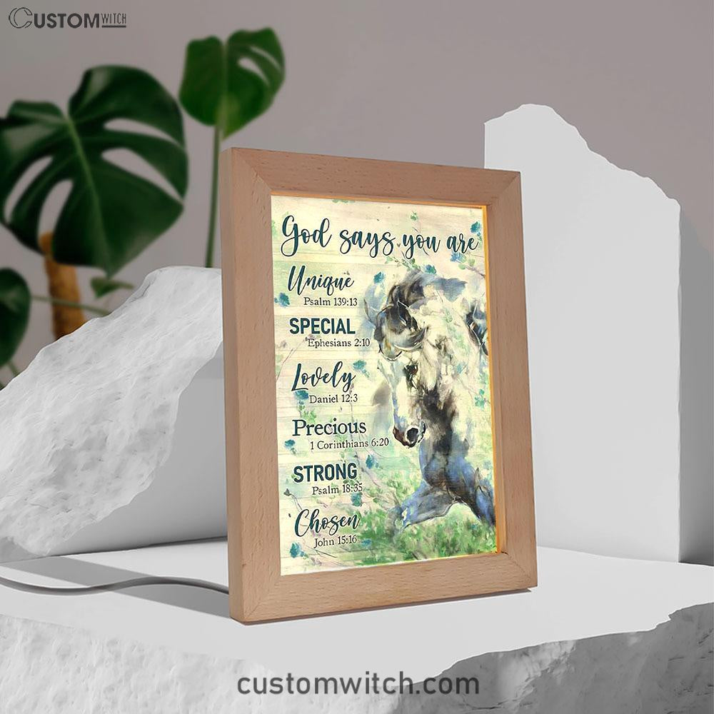 Blue Horse God Says You Are Unique Frame Lamp Art - Bible Verse Wooden Lamp - Inspirational Art - Christian Home Decor