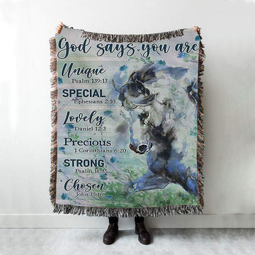 Blue Horse God Says You Are Unique Woven Throw Blanket - Bible Verse Woven Blanket Art - Inspirational Art - Christian Home Decor