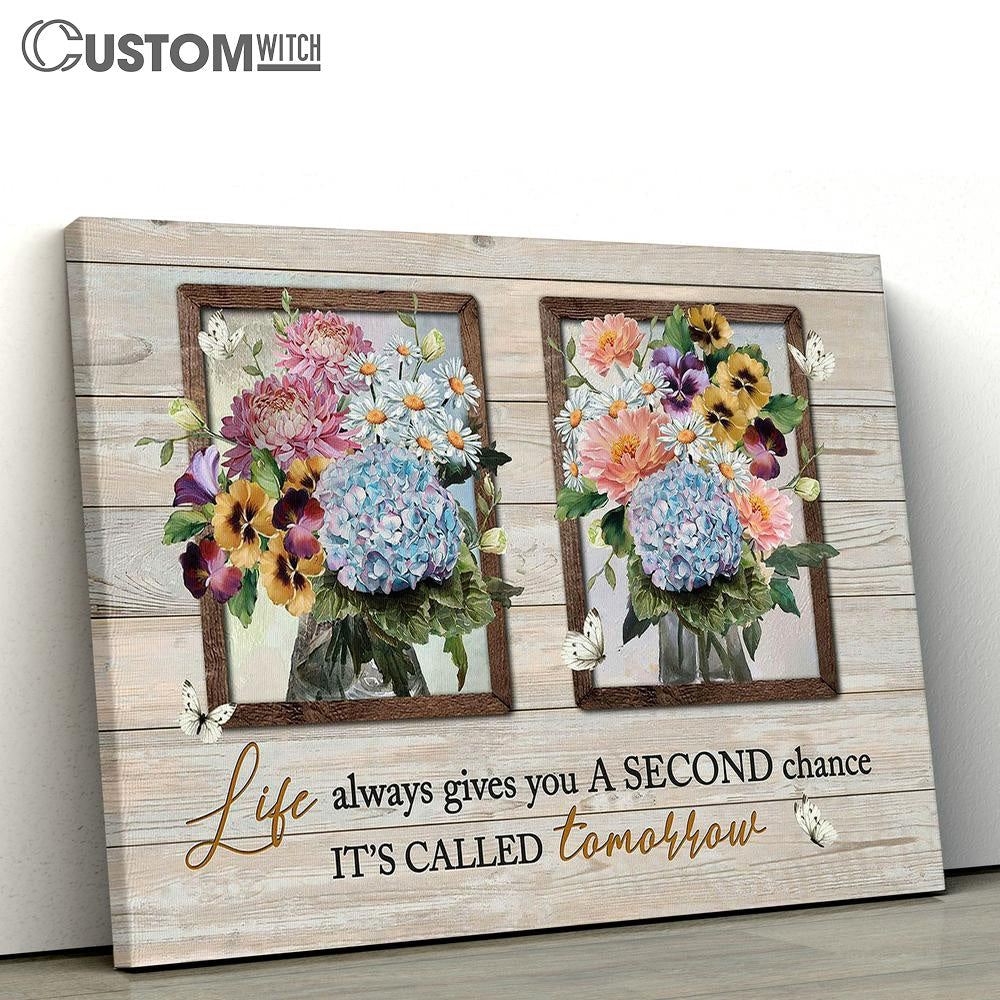 Blue Hydrangea Pansy Flower Pink Camellia It&#39;s Called Tomorrow Canvas Wall Art - Bible Verse Canvas - Religious Prints