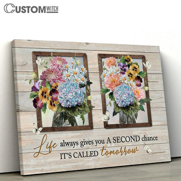 Blue Hydrangea Pansy Flower Pink Camellia It&#39;s Called Tomorrow Canvas Wall Art - Bible Verse Canvas - Religious Prints