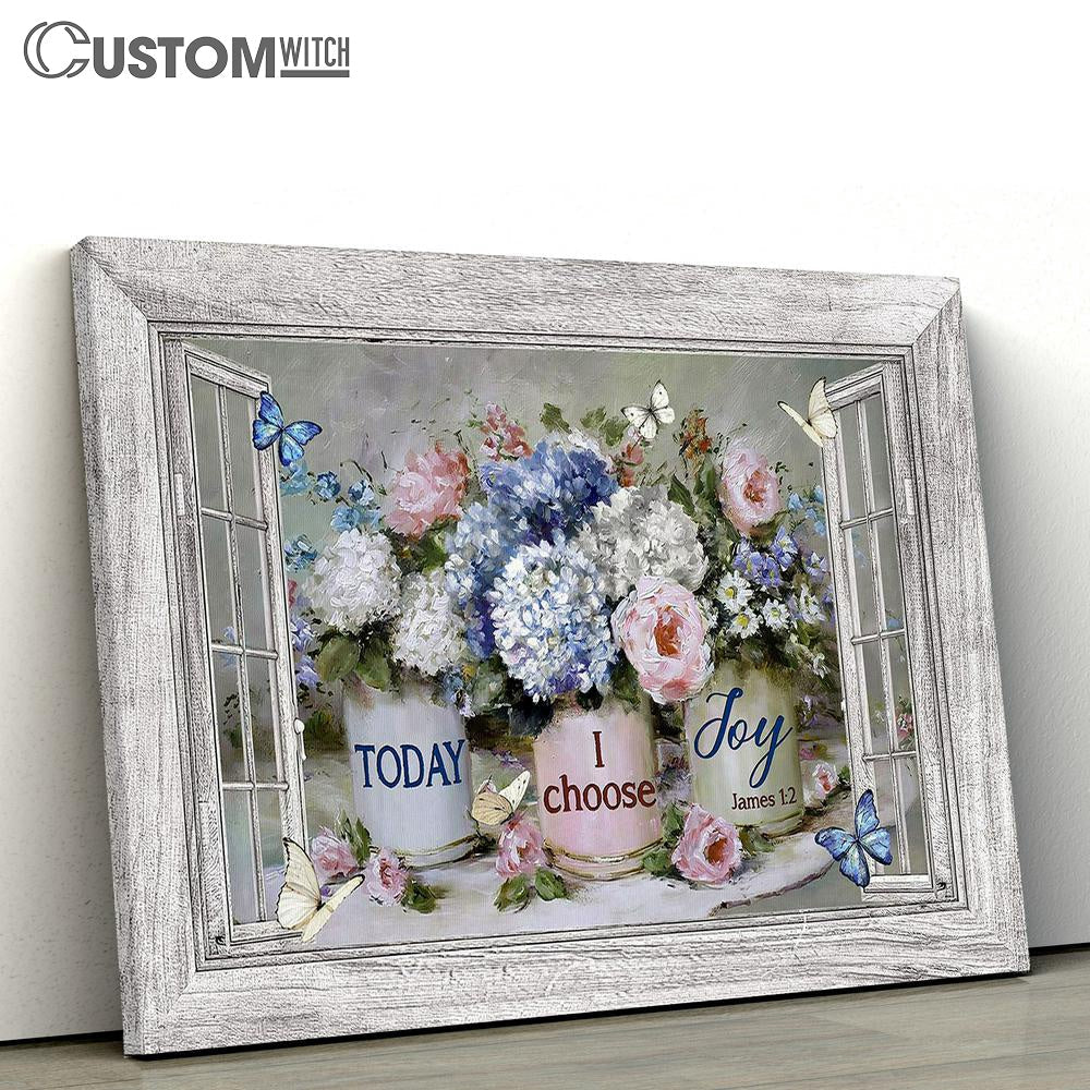 Blue Hydrangea Pink Peony Today I Choose Joy Canvas Wall Art - Bible Verse Canvas - Religious Prints