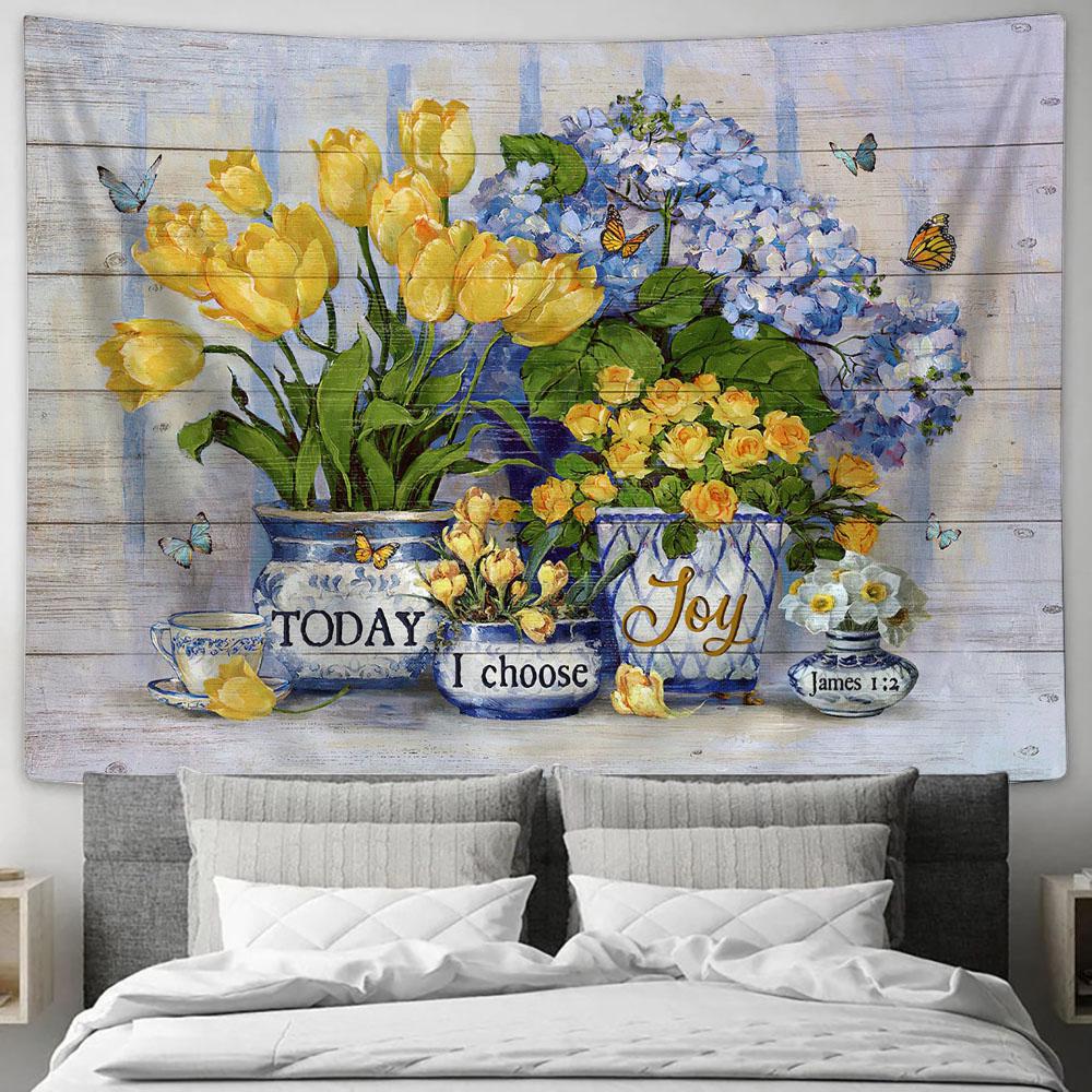 Blue Hydrangea Today I Choose Joy Wall Art Tapestry - Christian Wall Art - Religious Art