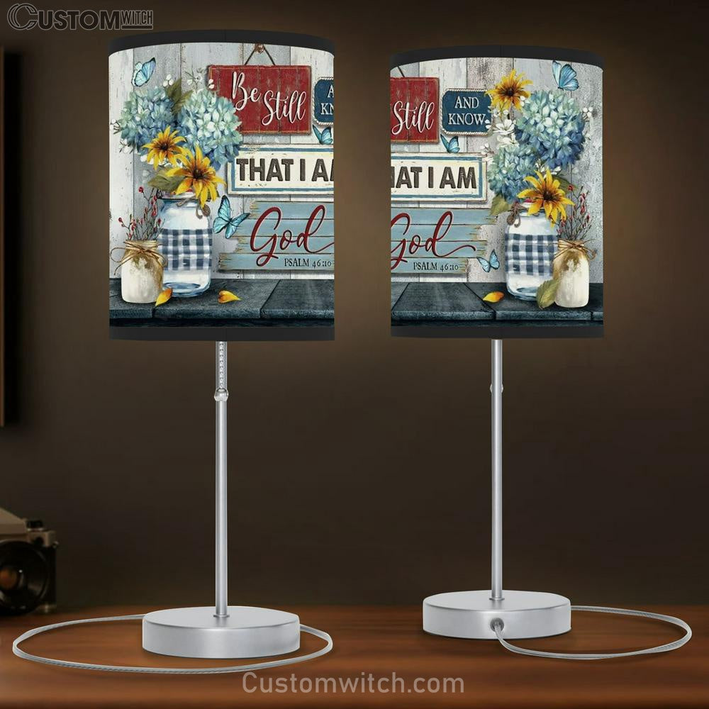 Blue Hydrangea, Yellow Daisy, Vintage Painting, Be Still And Know That I Am God Table Lamp
