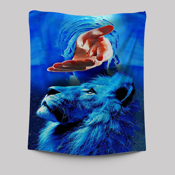 Blue Lion &amp; Jesus Tapestry Wall Art - Jesus Tapestry Pictures - Christian Tapestries Wall Art