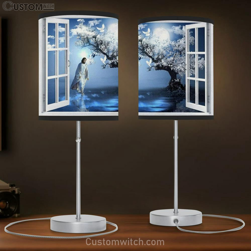 Blue Night, Magic Tree, Full Moon, White Dove, Walking With Jesus Table Lamp