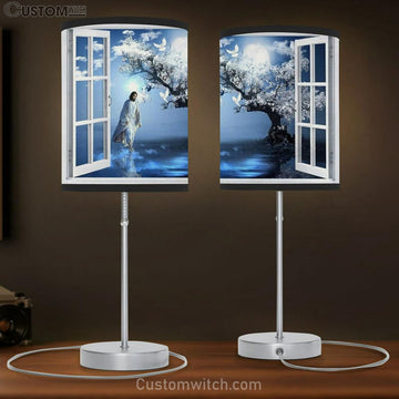 Blue Night, Magic Tree, Full Moon, White Dove, Walking With Jesus Table Lamp