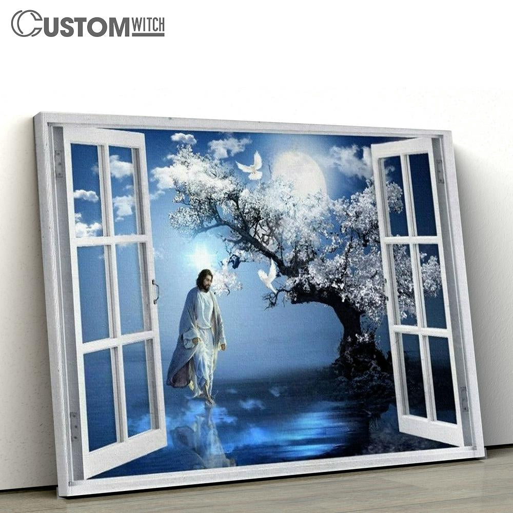 Blue Night, Magic Tree, Full Moon, White Dove, Walking With Jesus Canvas Poster