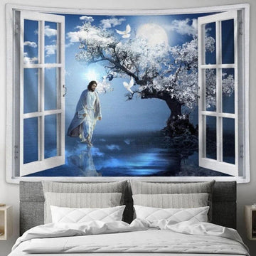 Blue Night, Magic Tree, Full Moon, White Dove, Walking With Jesus Tapestry, Tapestries for Living Room Bedroom