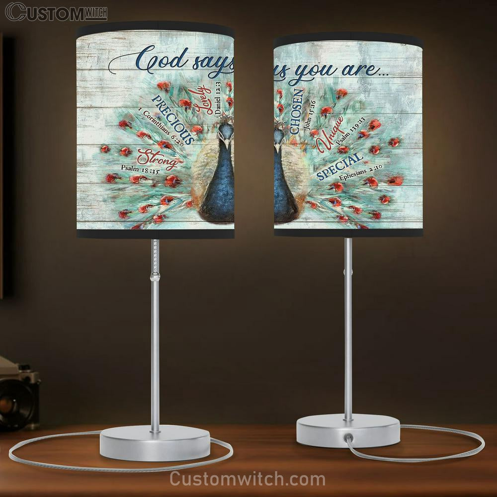Blue Peacock God Says You Are Lamp Gift Table Lamp - Christian Lamp Gift - Religious Art